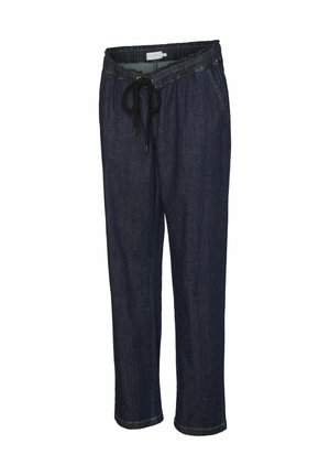 Denim broek met een elastische tailleband en een trekkoord, met een rechte pijpdesign en contrasterende gele stiksels.