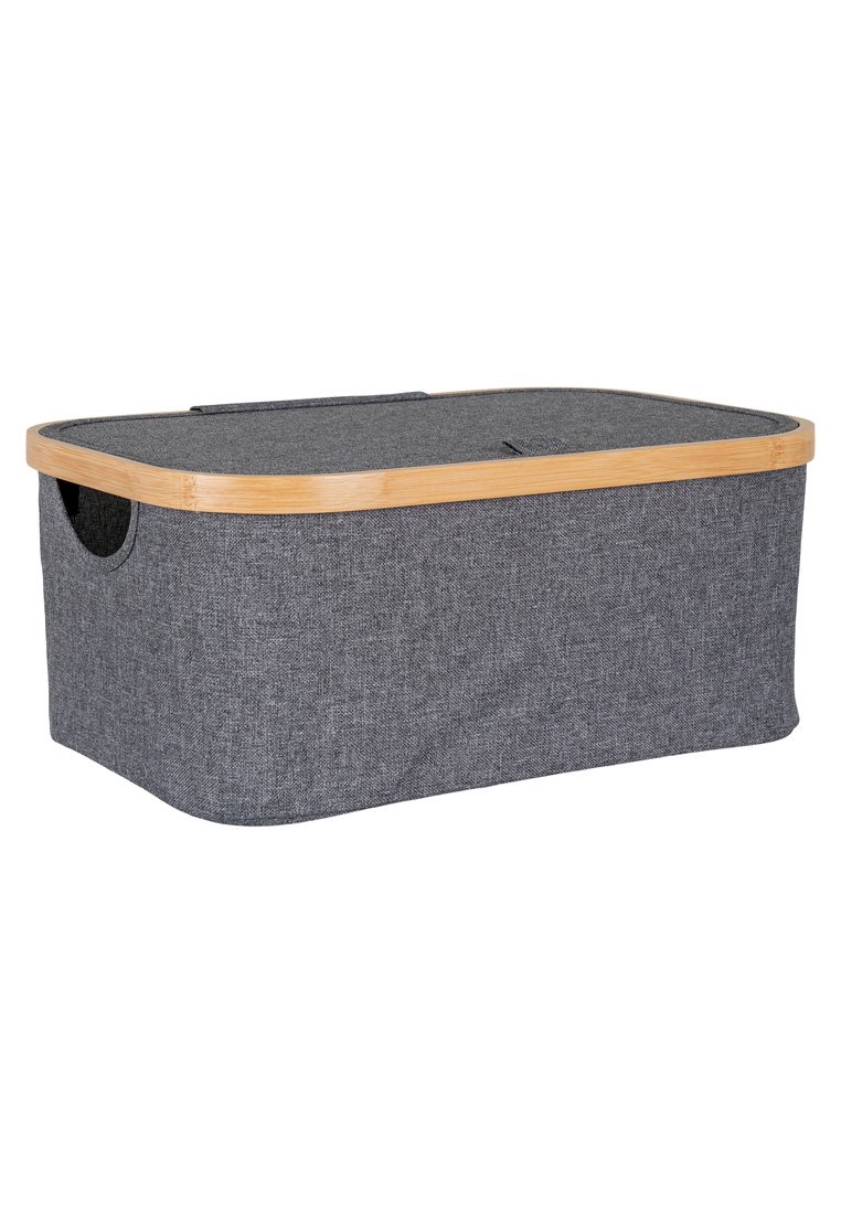 Boîte de rangement rectangulaire avec un corps en tissu gris, un couvercle en bambou et des poignées, une surface texturée et un couvercle amovible pour un accès facile.