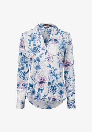 Long-sleeve button-up shirt in white fabric, featuring a blue and pink floral pattern, a classic collar, and a curved hemline.