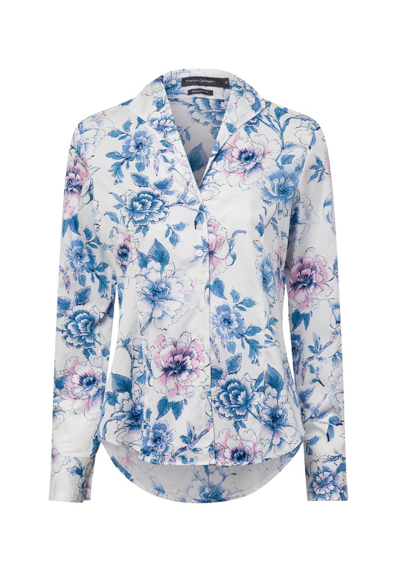 Langarm overhemd in witte stof, met een blauw en roze bloemenpatroon, een klassieke kraag en een afgeronde onderzoom.