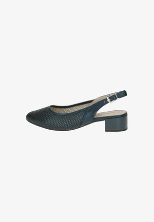 Zapato slingback azul oscuro con parte superior perforada, puntera afilada y tacón bloque de 3 cm. Cuenta con una hebilla ajustable para un ajuste seguro.