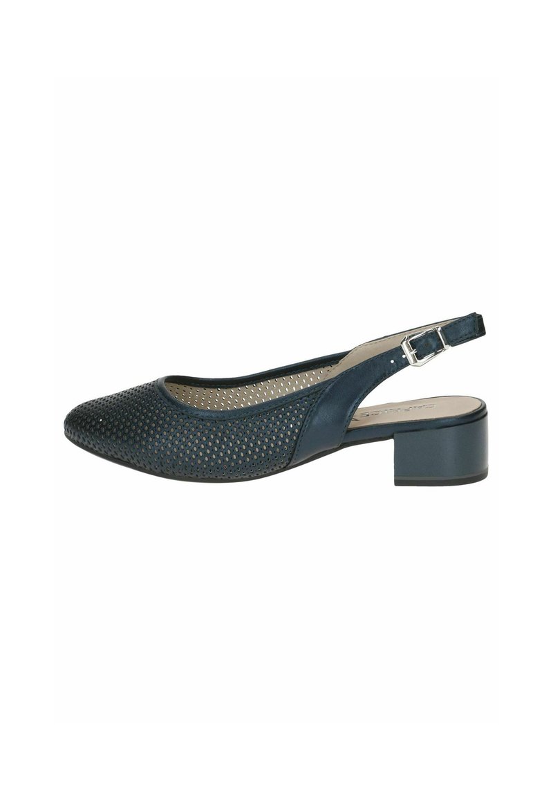Pantof cu tocul slingback, de culoare albastru închis, cu partea superioară perforată, vârf ascuțit și toc pătrat de 3 cm. Dispune de o cataramă ajustabilă pentru o fixare sigură.