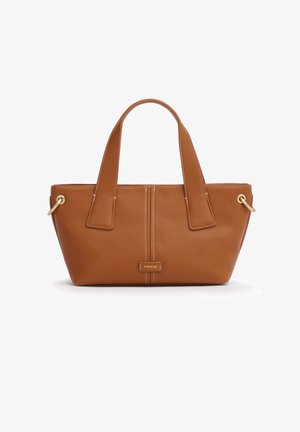 Braune strukturierte Ledertasche mit zwei Griffen, goldenen Ringen an den Seiten und einem "MIRIADE"-Label, das vorne in der Mitte aufgenäht ist.