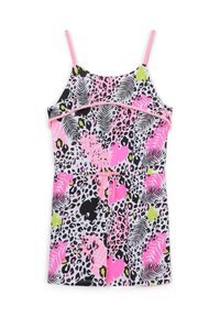Vestito estivo con spalline sottili rosa, caratterizzato da un vivace motivo leopardato in rosa, nero e verde, con dettagli fogliosi su uno sfondo chiaro.