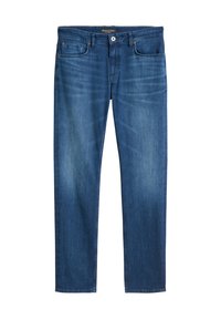 Jeans en denim bleu à coupe droite, avec une fermeture à bouton, cinq poches et un léger délavage sur l'ensemble du tissu.