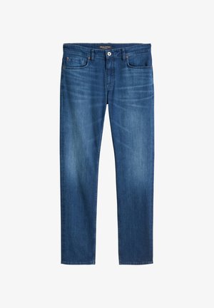 Blue denim jeans with a straight cut, featuring a button closure, five pockets, and subtle fading throughout the fabric.