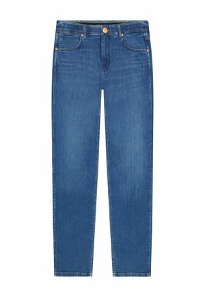 Jeans en denim bleu à taille haute, avec poches avant, passants pour ceinture et fermeture par bouton en cuivre.