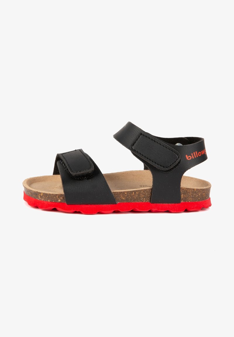 Sandalias de cuero negro con dos correas ajustables y suelas de goma roja. La plantilla de corcho proporciona soporte y comodidad. Nombre de la marca visible.