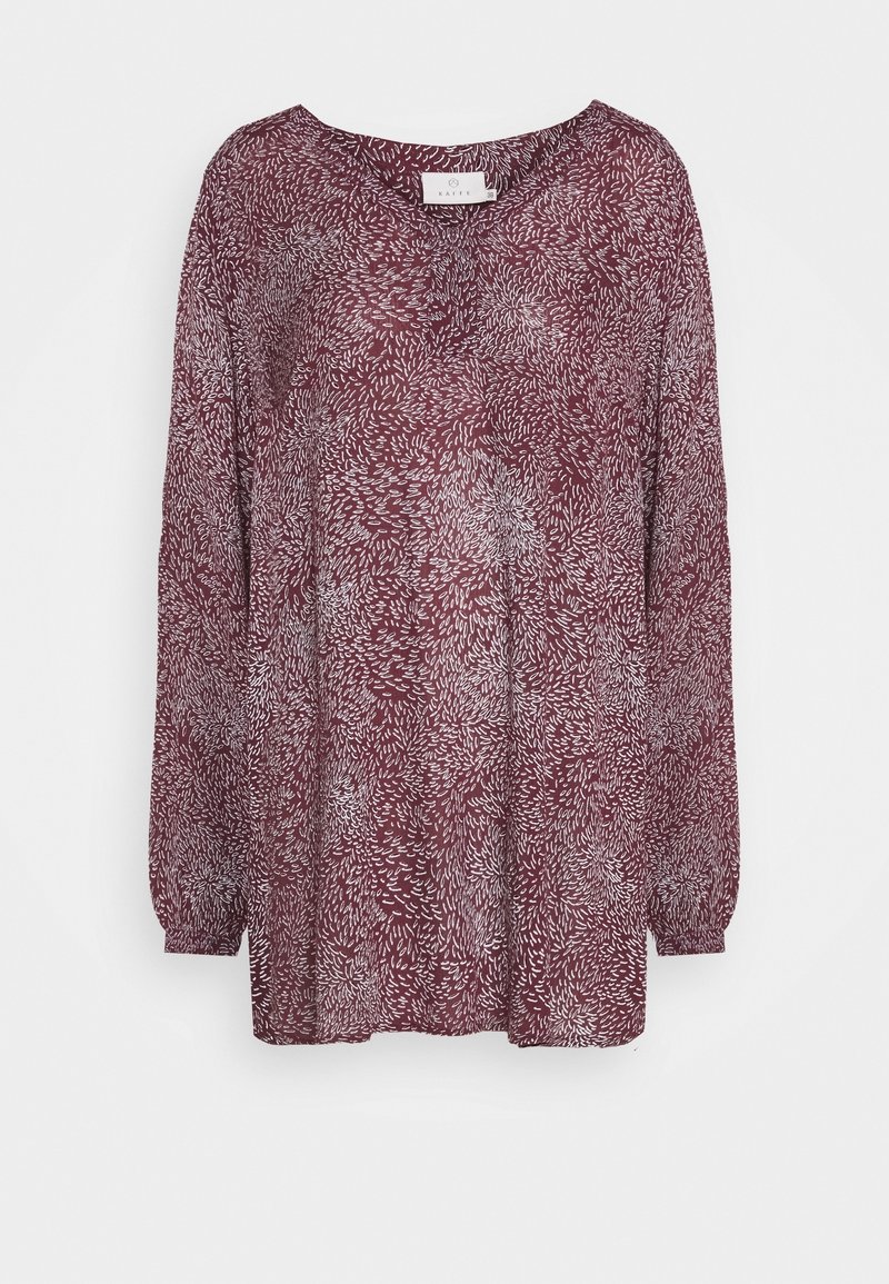 Bordeaux blouse met lange mouwen, ronde halslijn en een witte bloemenprint. Lichtgewicht, gestructureerde stof. Casual, ruime pasvorm.