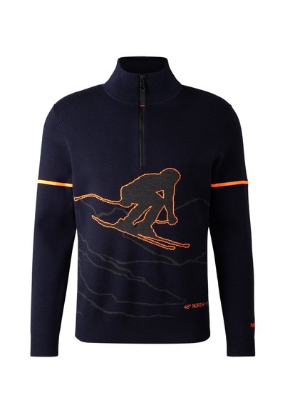 Marineblauer Pullover mit hohem Kragen, halbem Reißverschluss, orangefarbigem Skifahrer-Graphic und passendem orangefarbenen Streifen am Ärmel; aus gestricktem Material gefertigt.