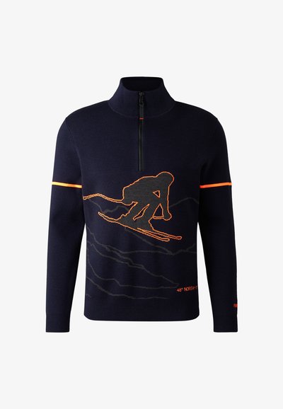 Marineblauer Pullover mit hohem Kragen, halbem Reißverschluss, orangefarbigem Skifahrer-Graphic und passendem orangefarbenen Streifen am Ärmel; aus gestricktem Material gefertigt.