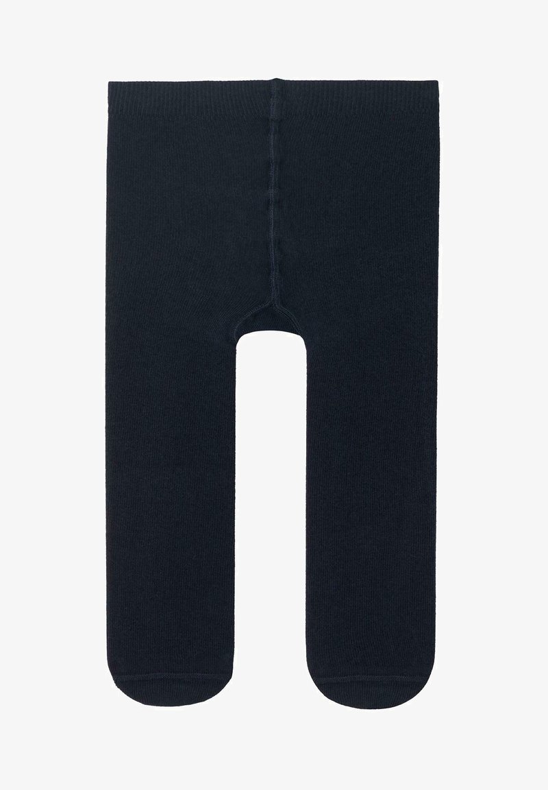 Collants navy foncé fabriqués dans un tissu lisse et extensible avec un design simple. Présentent un pied arrondi et une grande découpe au centre.