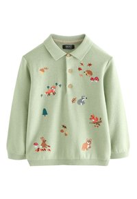 Maglione verde lavorato a maglia con colletto, decorato con animali e piante del bosco ricamati, tre bottoni e polsini e orlo a coste.