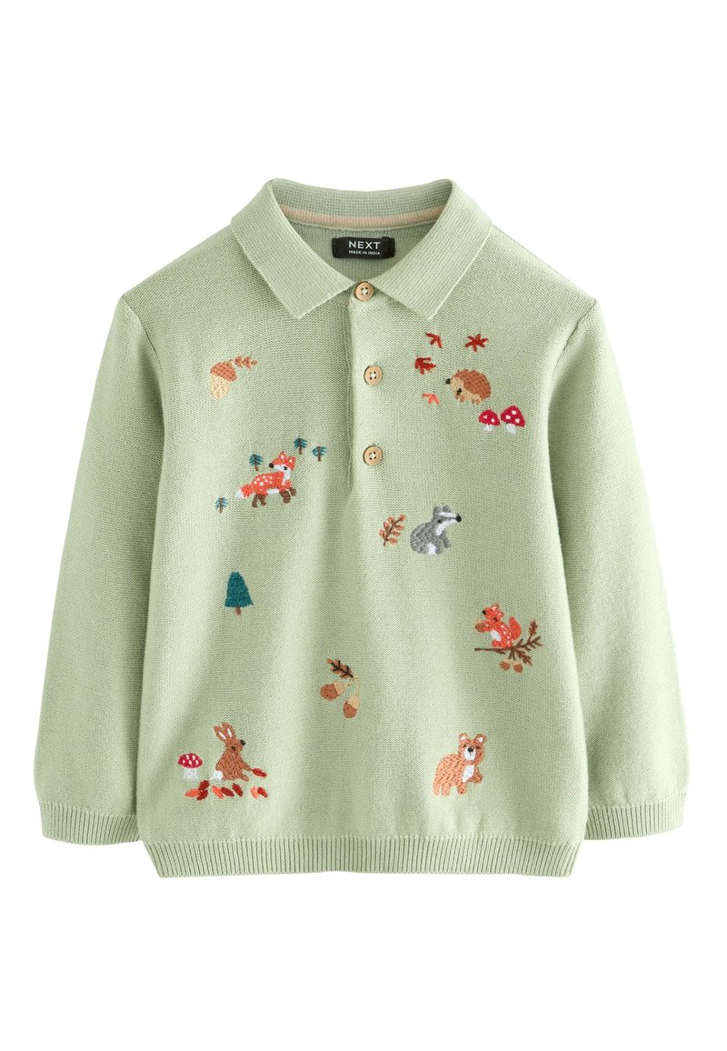 Maglione verde lavorato a maglia con colletto, decorato con animali e piante del bosco ricamati, tre bottoni e polsini e orlo a coste.
