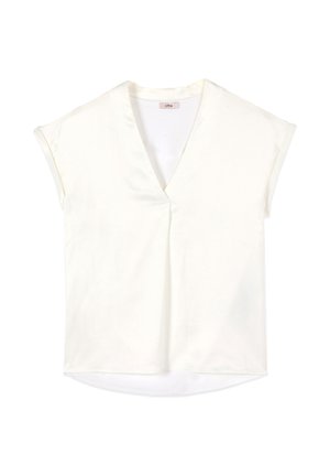 Blusa bianca senza maniche con scollo a V, vestibilità ampia e dettaglio sottile di piega al centro davanti, distesa su uno sfondo bianco.