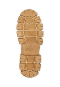 Semelle de botte en caoutchouc avec des sculptures profondes, surface texturée et couleur beige naturel, présentant un logo en relief et plusieurs motifs de prise.