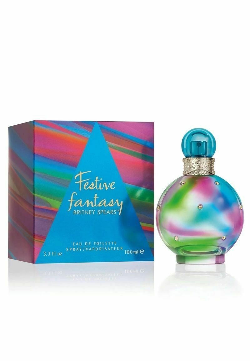 Eau de toilette dalam botol kaca bulat dengan gradasi yang menampilkan corak biru, hijau, dan pink serta aksen rhinestone kecil. Kotaknya memiliki desain garis-garis yang cerah.