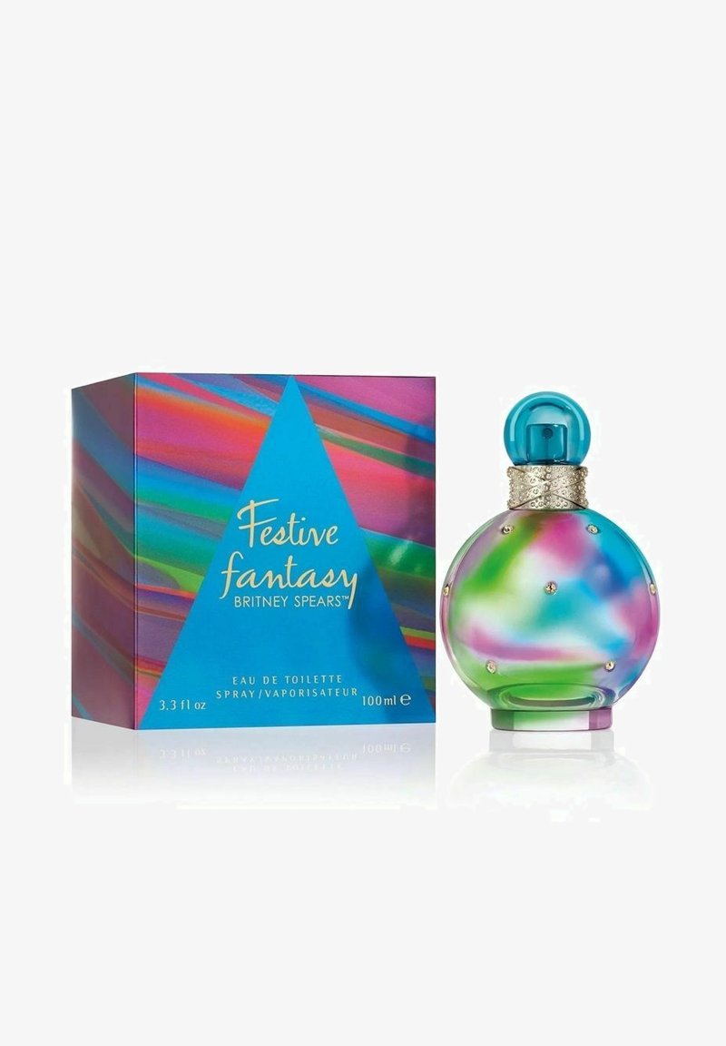 Eau de toilette i en rund, gradient glasflaska med blå, grön och rosa virvlar samt små strassdetaljer. Lådan har en livlig randig design.