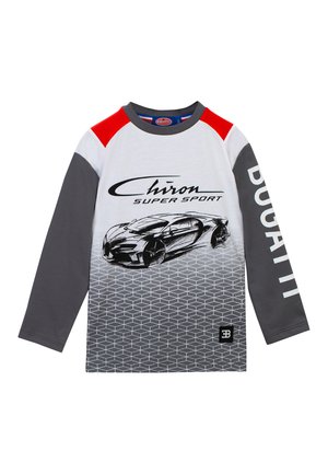 Camicia a maniche lunghe con una gradazione di bianco e grigio, caratterizzata da una grafica della Bugatti Chiron, un motivo esagonale e accenti rossi sulle spalle.