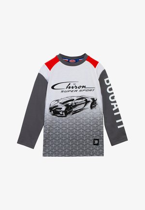 Camicia a maniche lunghe con una gradazione di bianco e grigio, caratterizzata da una grafica della Bugatti Chiron, un motivo esagonale e accenti rossi sulle spalle.