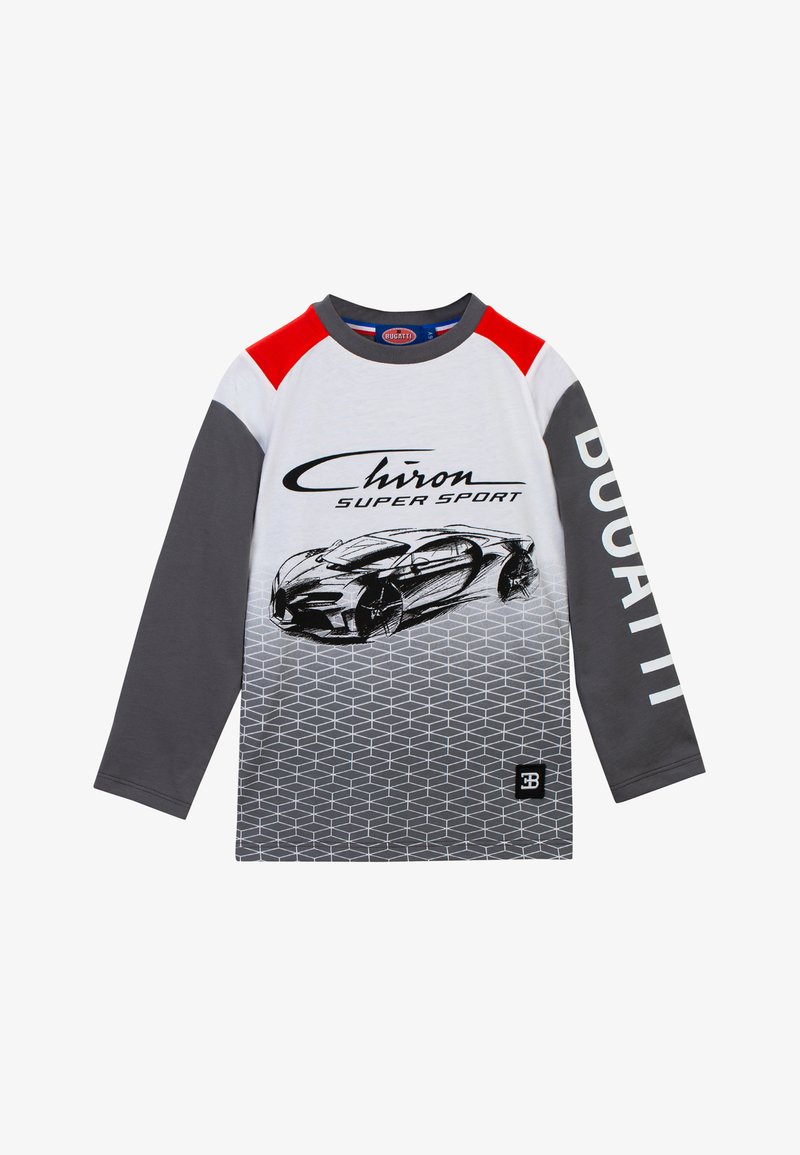 Camicia a maniche lunghe con una gradazione di bianco e grigio, caratterizzata da una grafica della Bugatti Chiron, un motivo esagonale e accenti rossi sulle spalle.