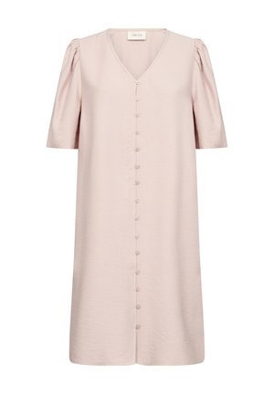 Pale pink knee-length dress with short puffed sleeves, V-neckline, and a full button front. Made of soft, textured fabric.