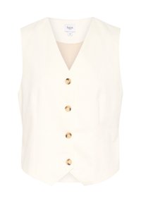 Vit ärmlös väst med V-ringning, prydd med fem knappar i guldton längs framsidan och en texturerad tyg. Ren, skräddarsydd silhuett.