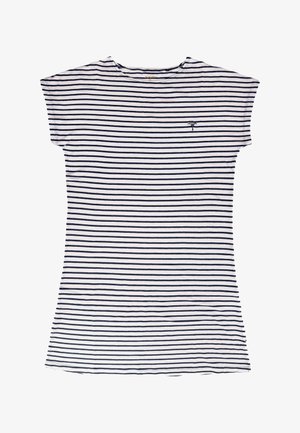 Camiseta blanca de manga corta con rayas horizontales azul marino y una pequeña palmera bordada en el pecho izquierdo, puesta en posición horizontal.