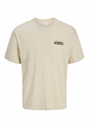 Beige short-sleeve T-shirt with round neck and small "Eclectic REBEL" logo printed on the left chest.