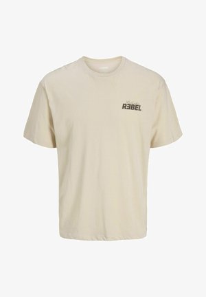 Beige short-sleeve T-shirt with round neck and small "Eclectic REBEL" logo printed on the left chest.