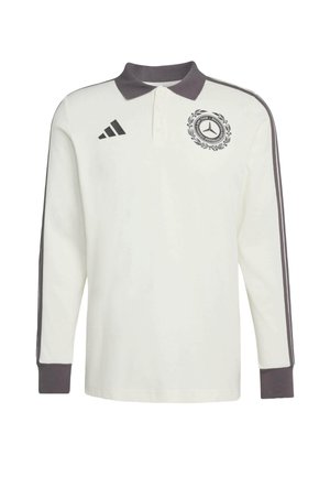 Bílá polokošile s dlouhými rukávy, šedým límcem a manžetami, s černým logem a pruhy na ramenech, vyrobená z hladké látky.