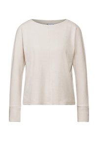 Helles beige Langarmshirt mit Rundhalsausschnitt und einem leicht strukturierten Stoff, ausgestattet mit einem geraden Saum und eng anliegenden Bündchen.