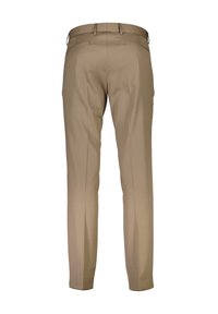 Pantaloni beige con una vestibilità su misura, realizzati in tessuto liscio, dotati di passanti per cintura, due tasche posteriori e una piega lungo ciascuna gamba per un look elegante.