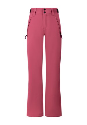 Pink outdoor pants with two zippered side pockets, a double-button waist, belt loops, and adjustable side straps.