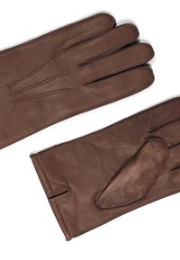 Brune skinnhansker med tre dekorative sømmer på baksiden, fingeråpninger og en myk indre fôr. Jevn tekstur og tettsittende design.