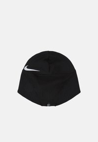 Beanie nero in maglia con texture a costine, caratterizzato da un logo Nike swoosh bianco sul lato. Progettato per calore e comfort.