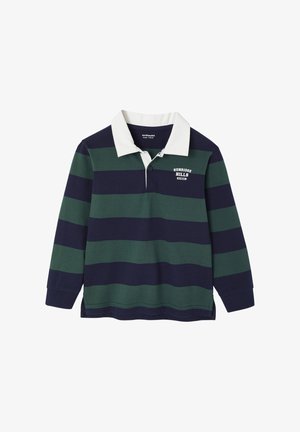 Long-sleeve polo shirt in dark green and navy stripes. Features a white collar, a small front logo, and ribbed cuffs. Cotton material.