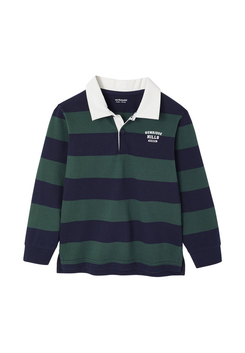 Langärmliges Polohemd in dunkelgrün und marineblauen Streifen. Mit kragen in Weiß, einem kleinen Logo auf der Vorderseite und gerippten Bündchen. Aus Baumwollmaterial.