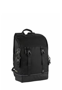 Black backpack made of durable fabric, featuring a top handle, adjustable straps, and multiple buckles. Smooth texture with a flat base.
