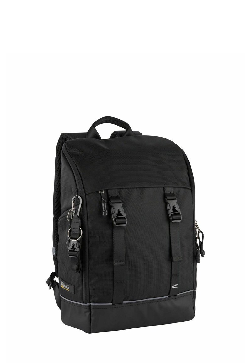 Black backpack made of durable fabric, featuring a top handle, adjustable straps, and multiple buckles. Smooth texture with a flat base.