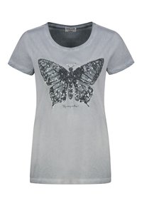 Gray T-shirt with a round neckline and short sleeves, featuring a large black and silver sequin butterfly design on the front.