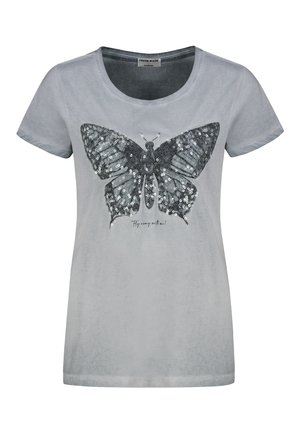 Gray T-shirt with a round neckline and short sleeves, featuring a large black and silver sequin butterfly design on the front.