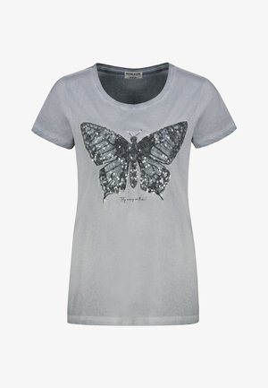 Gray T-shirt with a round neckline and short sleeves, featuring a large black and silver sequin butterfly design on the front.