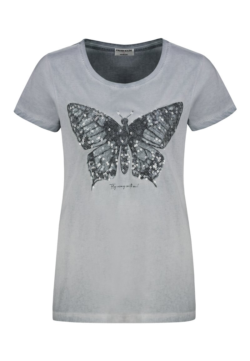 Gray T-shirt with a round neckline and short sleeves, featuring a large black and silver sequin butterfly design on the front.