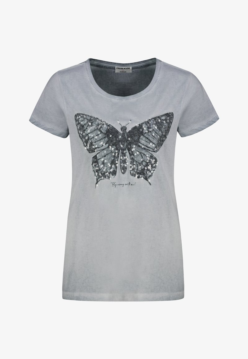 Gray T-shirt with a round neckline and short sleeves, featuring a large black and silver sequin butterfly design on the front.