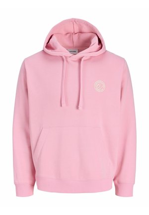Rozā džemperis ar kapuci no mīksta auduma, ar priekšējo kabatu, regulējamu kapuci ar aukliņu un nelielu baltu logotipu uz krūtīm. Ar ribotiem manžetēm un apakšu.