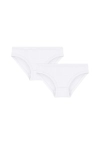 Slip in cotone bianco, caratterizzati da una texture liscia e una vita elastica. Inclusi due paia, con lievi differenze di dimensione. Design classico.