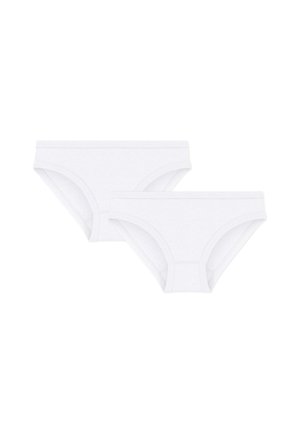 Weiße Baumwollslips mit glatter Textur und elastischem Bund. Zwei Paar enthalten, die sich leicht in der Größe unterscheiden. Klassisches Design.