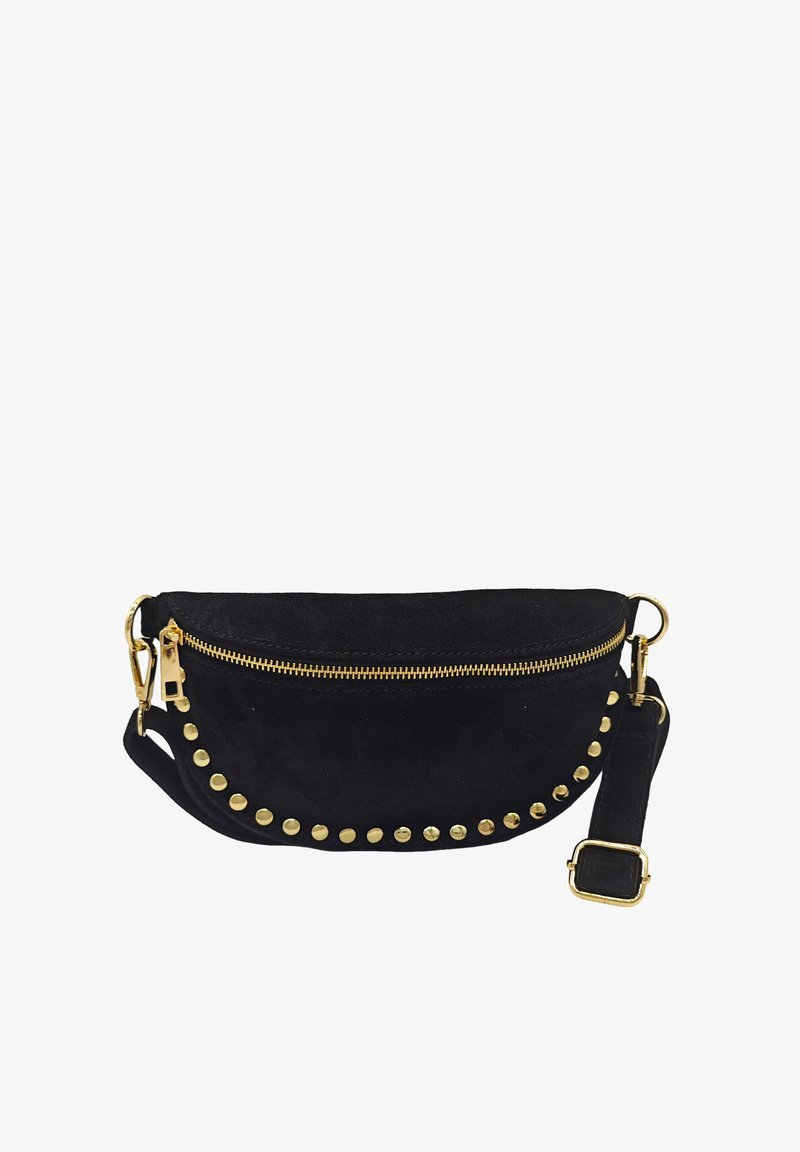 Sac bandoulière en suédine noire avec fermeture éclair, quincaillerie dorée et clous ronds sur le devant, doté d'une sangle réglable.