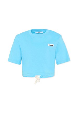 Lichtblauw cropped T-shirt met korte mouwen, ronde halslijn, klein wit MSGM-logo op de borst en witte trekkoordsluiting aan de zoom.